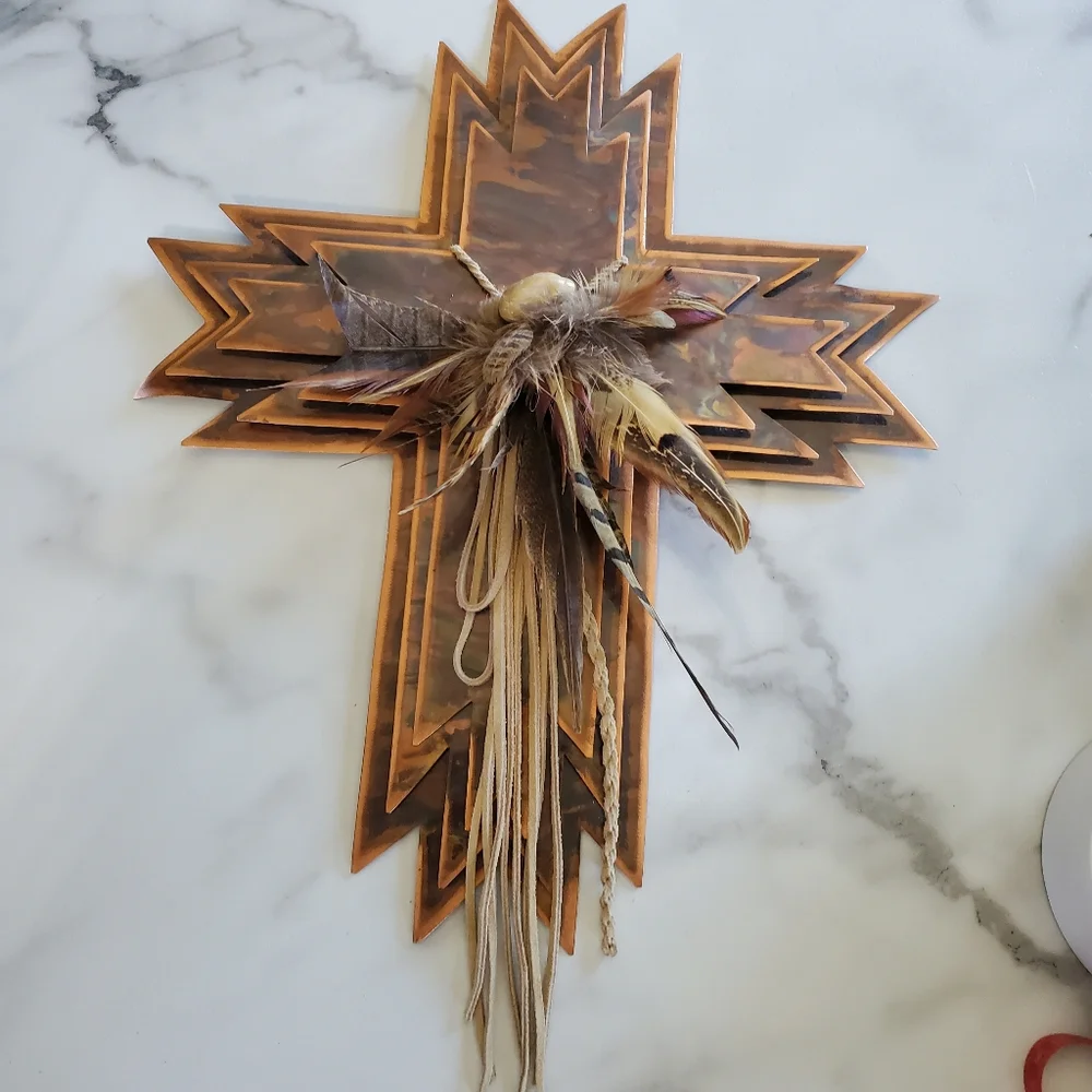 Metal Cross with Feathers Wall Hanging